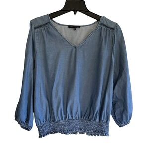 Adrienne Vittadini Chambray Blouse Top L Long Sleeve V-Neck Smocked Waist Boho‎